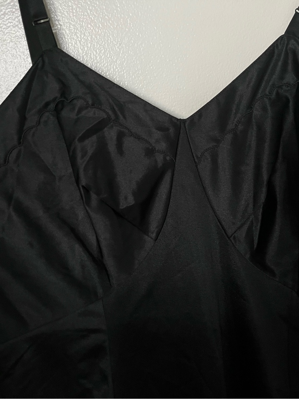 Vintage Black Nylon Slip with Scalloped Embroidery Detail